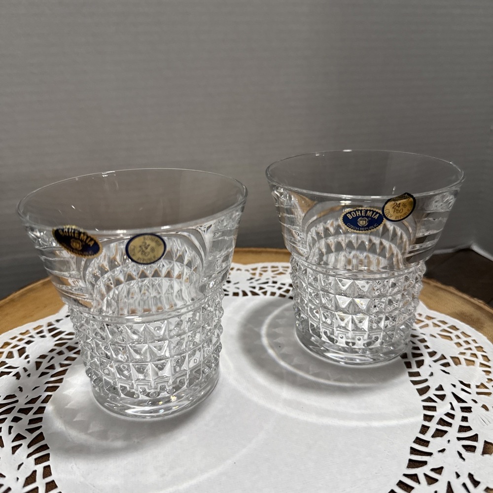 Bohemia 24% Lead Crystal Whisky Old Fashioned Tumblers Glasses Set of 2 Czech